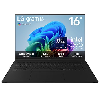 Front view of 16" LG gram AI, Copilot+ PC, 16GB RAM, Intel® Core™ Ultra Processor, gram Hybrid AI, Obsidian Black - 16Z90TL-G