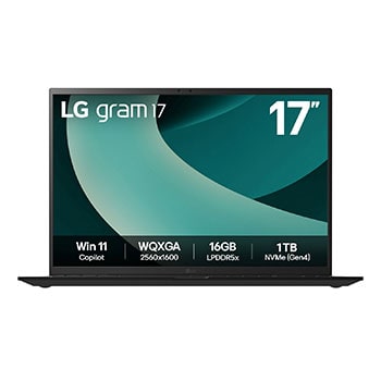 Front view of 17" LG gram Laptop, 16GB RAM, Intel® Core™ Ultra Processor, gram Hybrid AI, Obsidian Black with green swirl background on screen