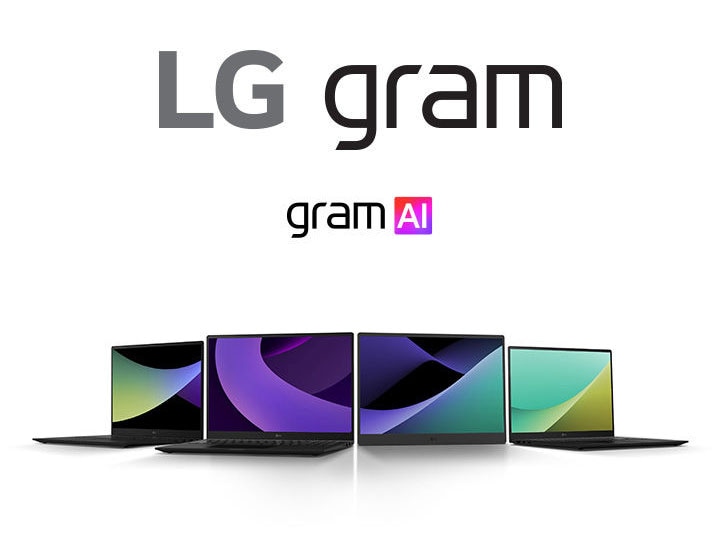 The image shows an LG Gram laptop, highlighted for its ultra-light design. On the right, the text reads: "Delightfully light" with the "gram AI" logo below it.