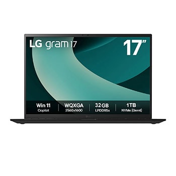 Front view of 17" LG gram Laptop, 32GB RAM, Intel® Arrow Lake Processor, gram AI, Copiliot, Obsidian Black with green swirl background on screen