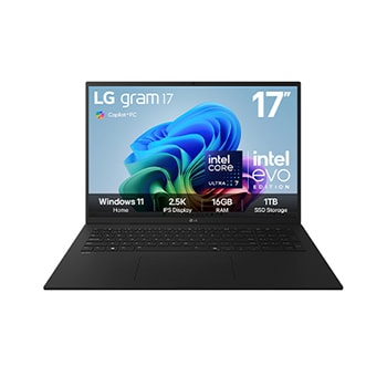 Front view of 17" LG gram AI, Copilot+ PC, 16GB RAM, Intel® Core™ Ultra Processor, gram Hybrid AI, Obsidian Black - 17Z90TL-G