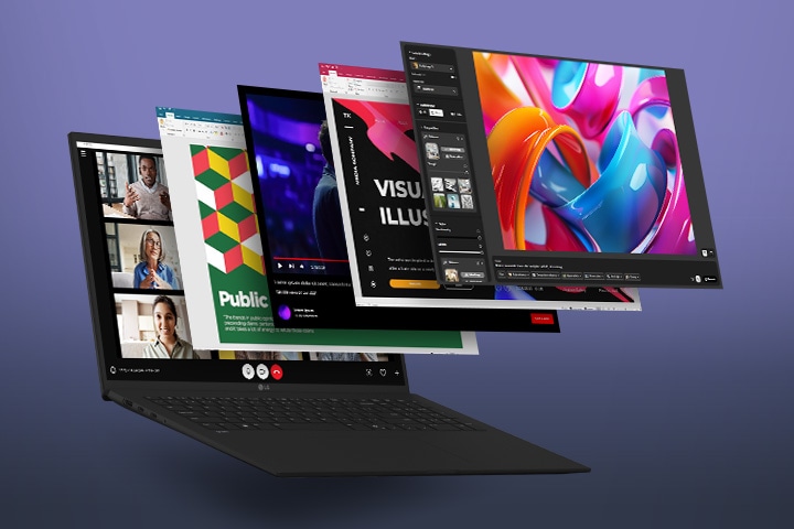 The image features a laptop with multiple application windows floating outward, showcasing its multitasking capabilities. The apps displayed range from video editing to presentations, emphasizing the laptop's performance for diverse tasks.