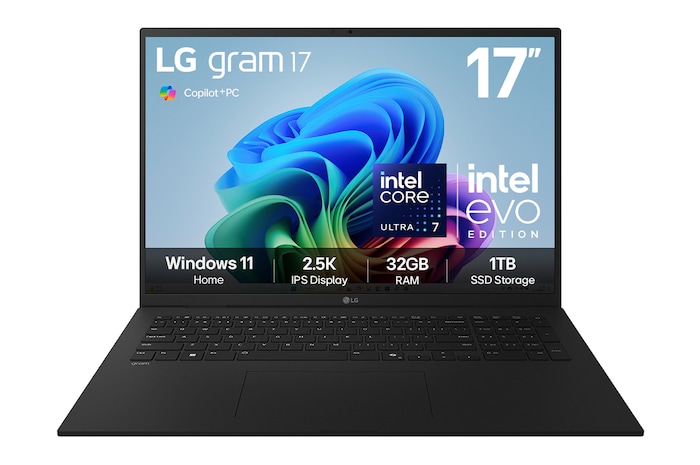 Front view of 17" LG gram AI, Copilot+ PC, 32GB RAM, Intel® Core™ Ultra Processor, gram Hybrid AI, Obsidian Black - 17Z90TL-G