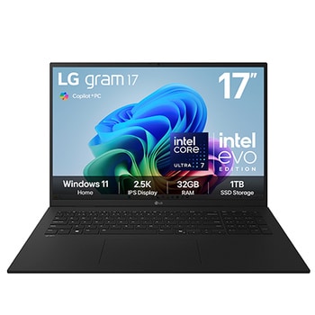Front view of 17" LG gram AI, Copilot+ PC, 32GB RAM, Intel® Core™ Ultra Processor, gram Hybrid AI, Obsidian Black - 17Z90TL-G