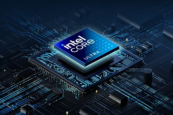 A close-up of an Intel Core Ultra processor embedded in a high-tech circuit board. The chip is surrounded by intricate circuitry with glowing  blue lights, creating a futuristic and high-performance aesthetic.