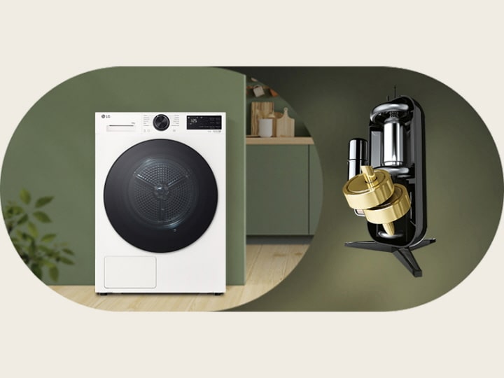 Image of an LG dryer placed in a green-themed interior with a visual highlight of the AI DUAL Inverter component