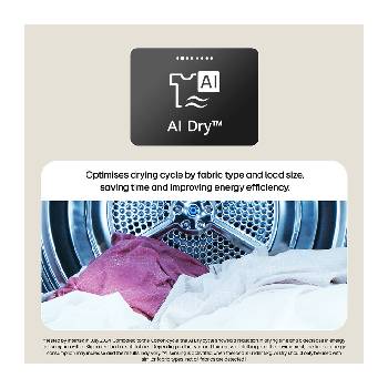 Dual Cylinders, AI-Optimized Drying. LG dryer shown in a modern laundry room with a dual cylinder drying system illustration.