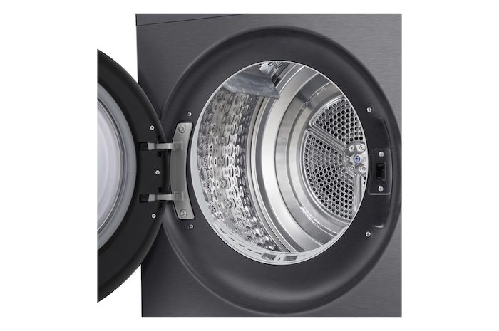 LG rhx5009tbb with front door open, showing the drum interior.