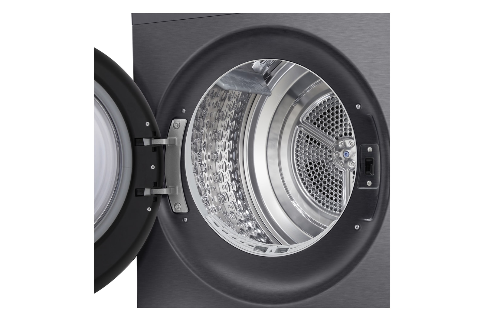 LG rhx5009tbb with front door open, showing the drum interior.