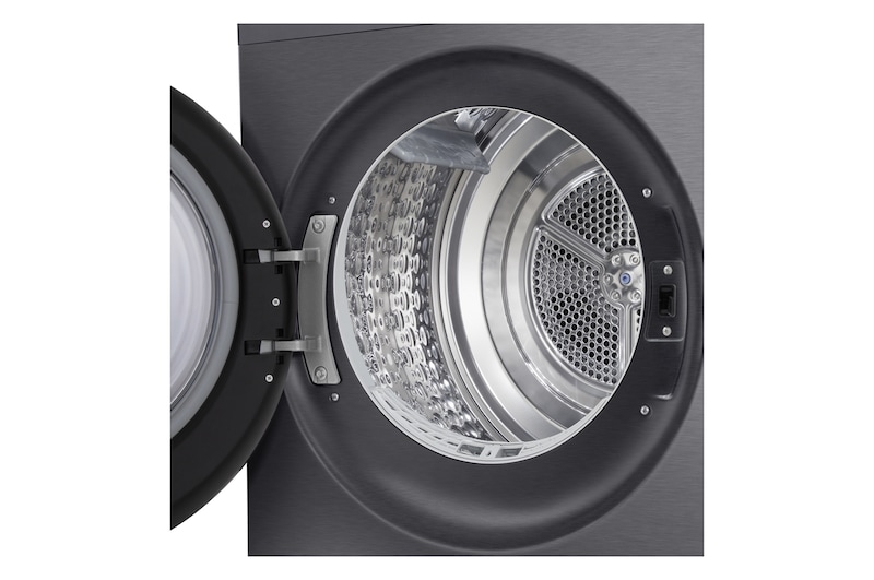 LG rhx5009tbb with front door open, showing the drum interior.