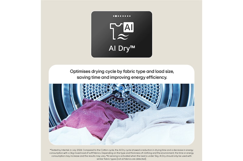 Dual Cylinders, AI-Optimized Drying. LG dryer shown in a modern laundry room with a dual cylinder drying system illustration.