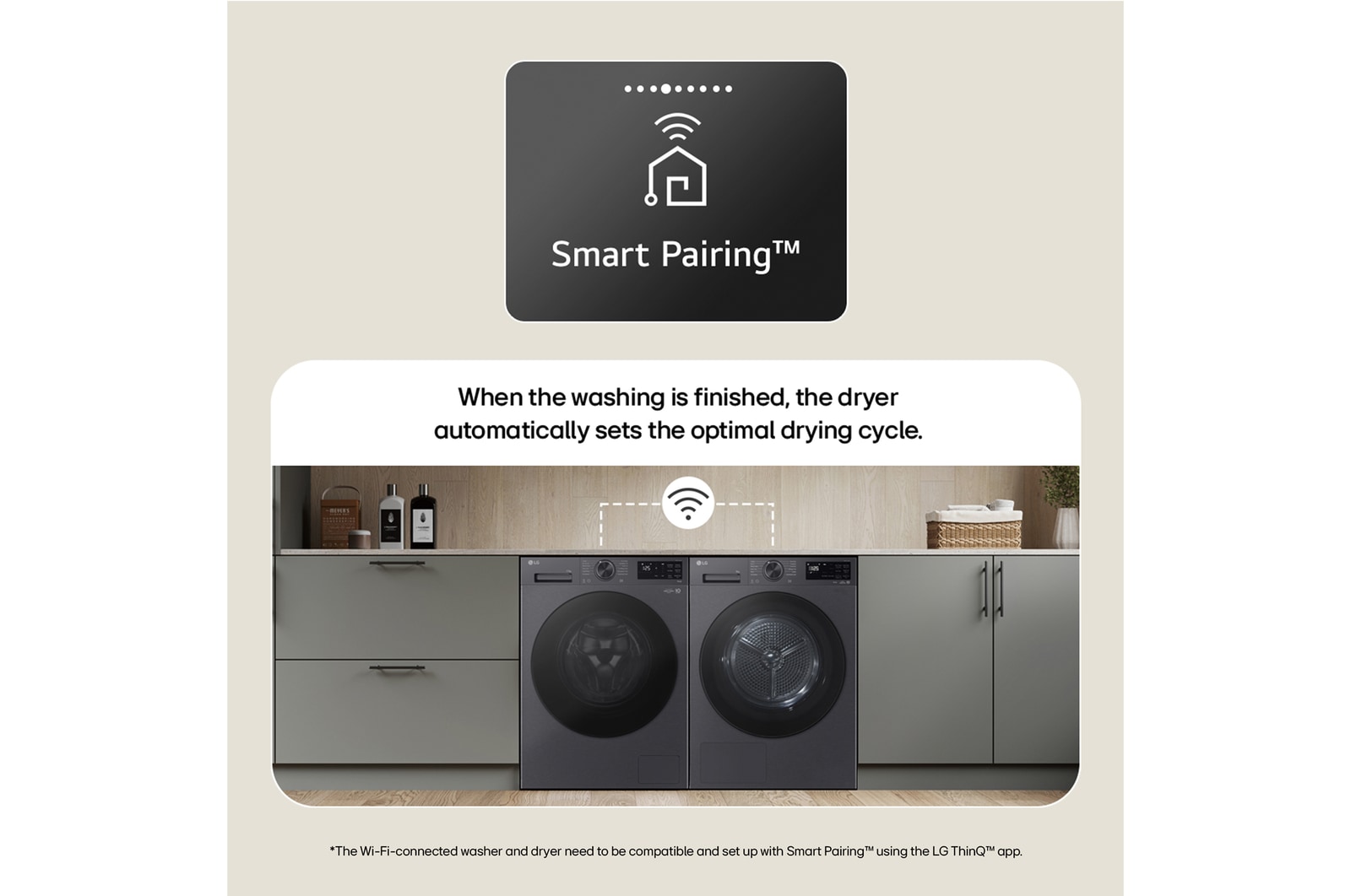 Say Goodbye to Live Dust Mites. Family laundry room scene with a parent and child folding clothes next to an LG dryer.
