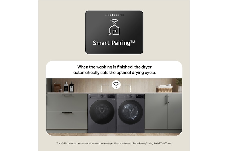Say Goodbye to Live Dust Mites. Family laundry room scene with a parent and child folding clothes next to an LG dryer.