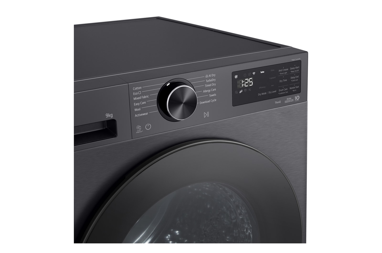 LG rhx5009tbb with door open showing stainless steel drum interior