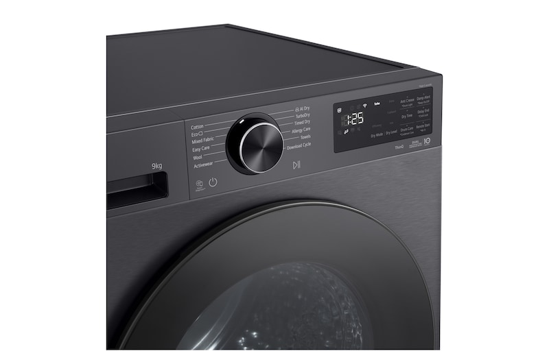 LG rhx5009tbb with door open showing stainless steel drum interior