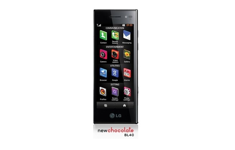 Front view of Mobile Phone with 4.0” WVGA TFT touchscreen, Dual Screen UI, 5 MP Camera BL40
