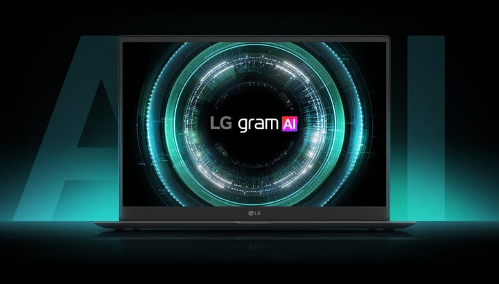 LG gram AI laptop displaying a futuristic glowing interface, highlighting its Hybrid AI features with On-Device and Cloud AI for enhanced productivity.