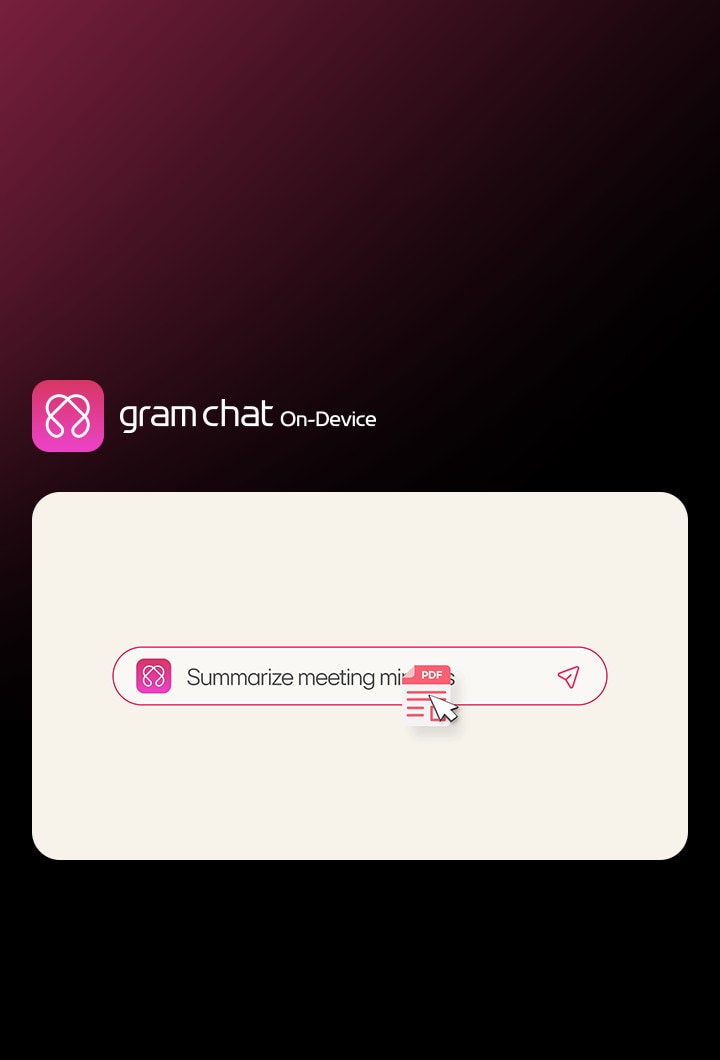 LG gram chat On-Device AI summarizing a PDF document offline, with a search bar input for 'Summarize meeting minutes' and an instant processing icon.