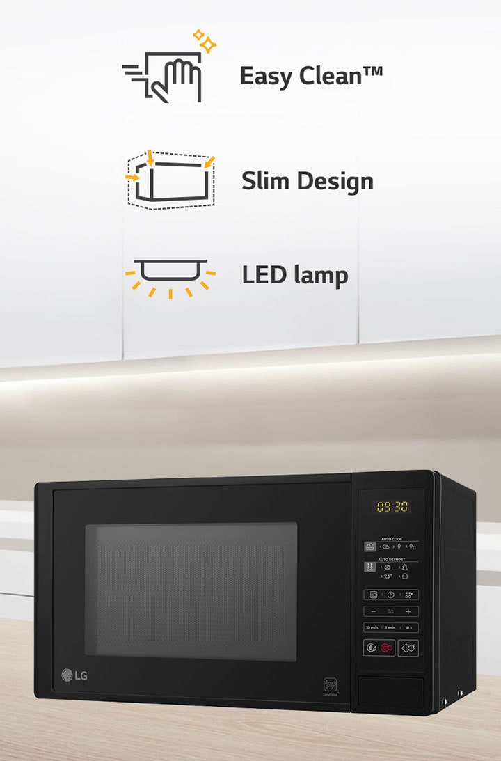 There is a microwave oven in the kitchen and icons representing three key features.
