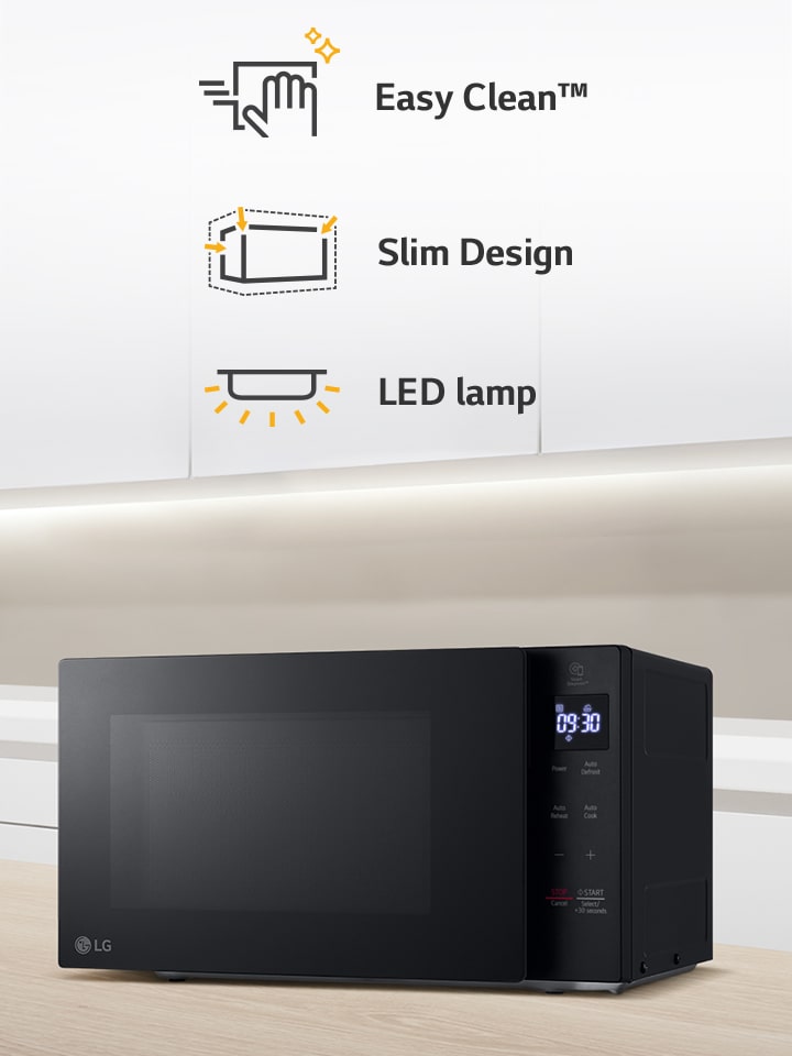 There is a microwave oven in the kitchen and icons representing three key features.