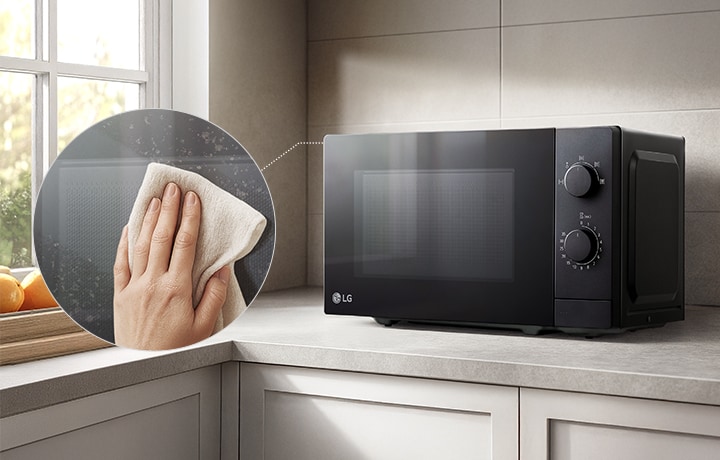 Easily cleaning the LG microwave sleek glass-front door with a simple wipe.