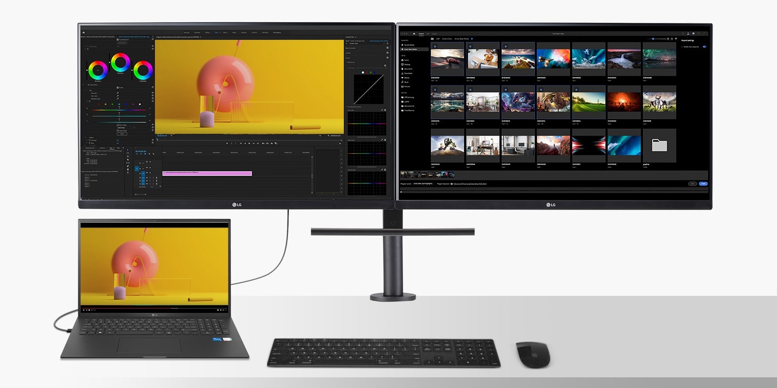 A LG Ergo monitor is turned on, sat on a desk next to an LG gram laptop