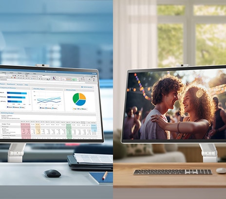 In the left image, a LG Smart Monitor Swing in an office displays various charts, while in the right image, a LG Smart Monitor Swing at home is playing a movie.