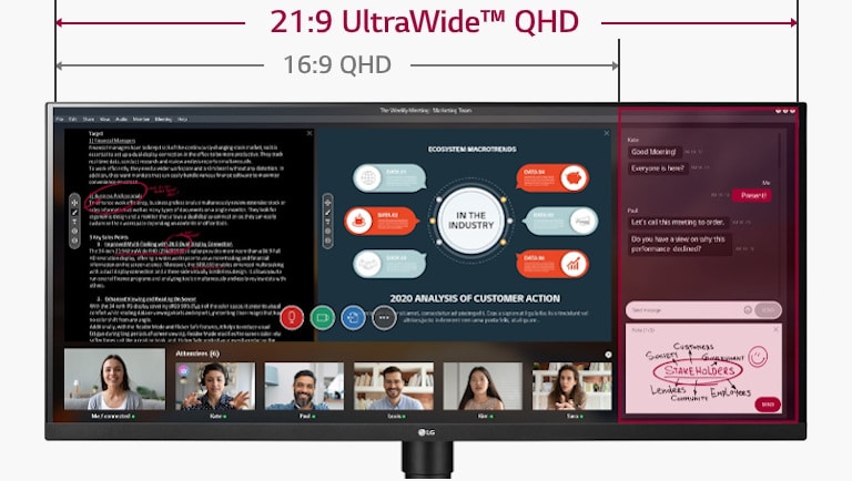 Image of 33% wider screen space of 21:9 UltraWide QHD compared to 16:9 QHD display with an ongoing Webinar on the screen.