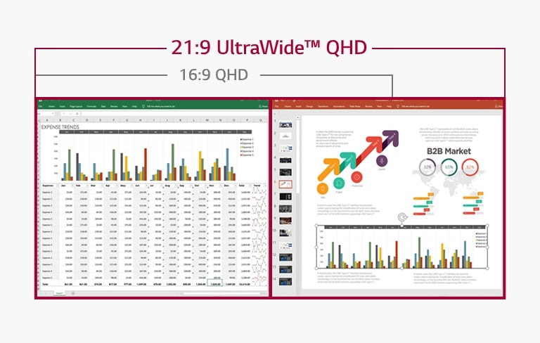 Image of displaying datasheets and slides side by side on the screen of 21:9 UltraWide QHD, while 16:9 QHD screen does not allow it due to insufficient space.