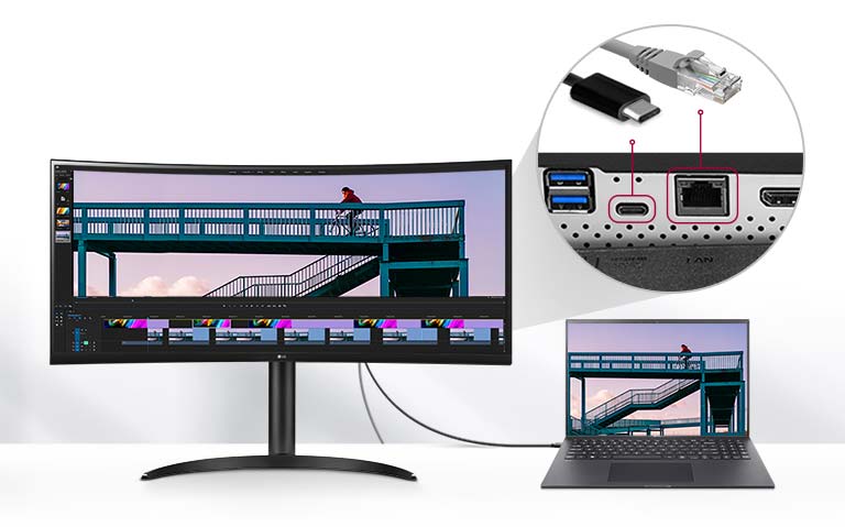 Your monitor can be a productivity hub by providing RJ45(LAN port) for wired Ethernet and USB Type-C™ which allow up to 90W power delivery, data transferring as well as connection to devices with only a single cable.