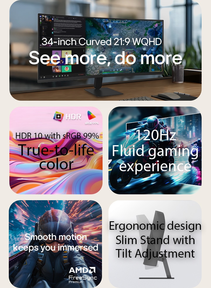 LG UltraWide Curved Monitor feature overview showing a 34-inch WQHD curved display, HDR10 with sRGB 99% colour accuracy, smooth 120Hz refresh rate, AMD FreeSync support, and a slender stand with tilt adjustment for immersive gaming and efficient multitasking.