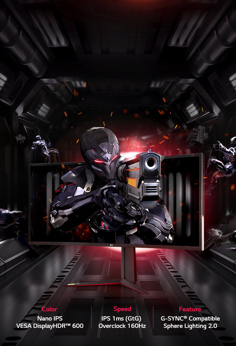 Sci-fi soldier in black armour with red lights emerging from a monitor in a futuristic corridor.