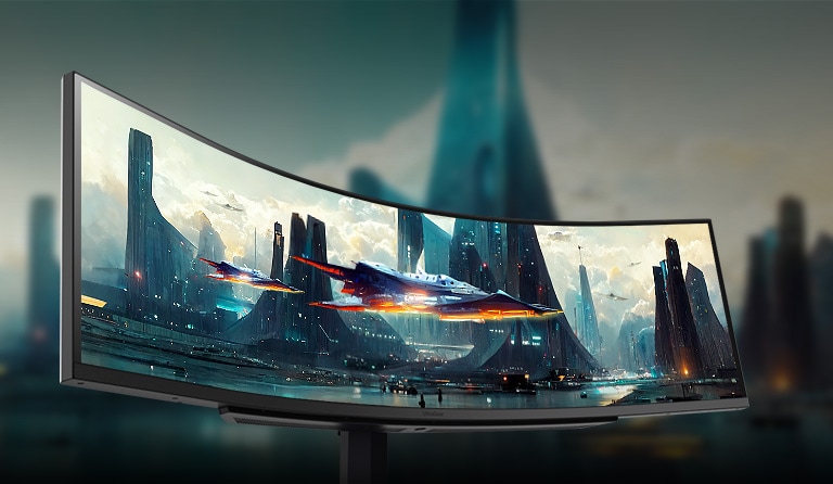 The 49-inch Dual QHD (5120x1440) ultrawide curved monitor with a 32:9 aspect ratio displays much more screen space for the gaming scene.