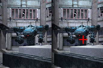 Comparación de Crosshair - A la izquierda con la función Crosshair desactivada. A la derecha, imagen con la función Crosshair activada.	