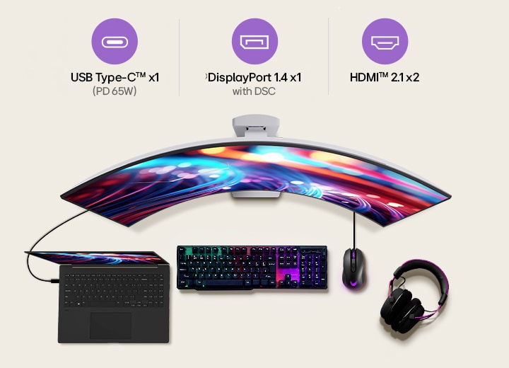 This image presents the connectivity options of an LG curved gaming monitor, including USB Type-C™ with PD 65W, DisplayPort 1.4 with DSC, and HDMI™ 2.1 ports, along with a laptop, keyboard, mouse, and headset setup for a versatile gaming and work environment.