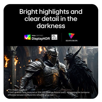 Knight in black armor with a bird in a medieval hall, highlighting DCI-P3 98.5% and DisplayHDR 400.