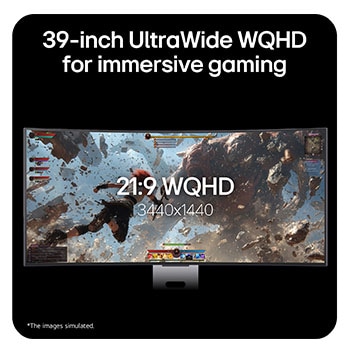 This image highlights a 39-inch UltraWide WQHD (3440x1440) display in a 21:9 aspect ratio, delivering an immersive gaming experience with a wider field of view.