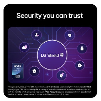 39GX90SB-W This image highlights LG Shield security system with network encryption, data protection, and multi layer security visualization, emphasizing secure data storage, safe transmission, and award winning smart device security technology.
