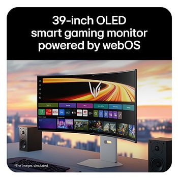 UltraGear™ GX9s OLED gaming monitor displaying the webOS interface on a curved screen, set on a desk with stereo speakers.