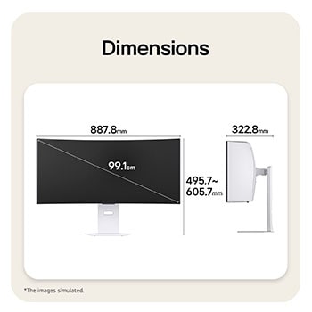 Front and side views of a gaming monitor illustrating its overall dimensions and profile design.