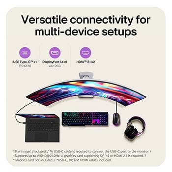 This image presents the connectivity options of an LG curved gaming monitor, including USB Type-C™ with PD 65W, DisplayPort 1.4 with DSC, and HDMI™ 2.1 ports, along with a laptop, keyboard, mouse, and headset setup for a versatile gaming and work environment.