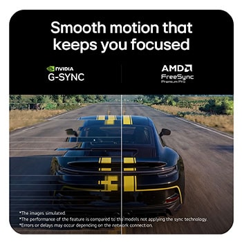 Racing scene from Assetto Corsa Competizione displayed on a gaming monitor, featuring Adaptive Sync support with NVIDIA G-SYNC and AMD FreeSync Premium for smooth, tear-free gameplay.
