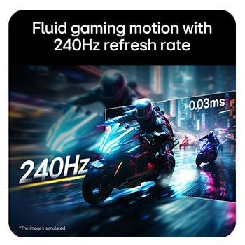 Motorcycle racing scene displayed on a gaming monitor, illustrating a 240Hz refresh rate for fluid gaming motion.