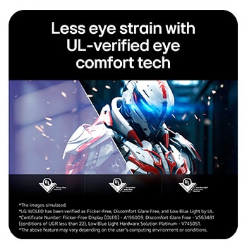 This image highlights UL-verified eye comfort technology, showcasing reduced eye strain with flicker-free display, low blue light, and minimized glare for a more comfortable viewing experience.