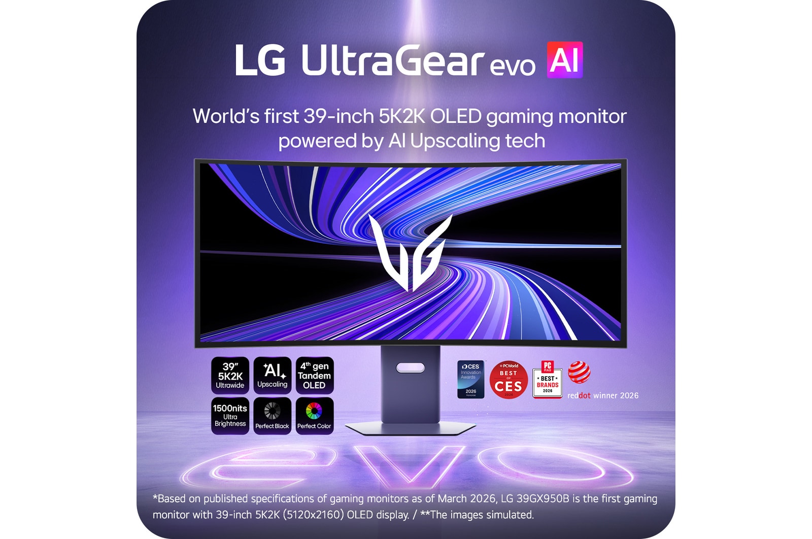 LG UltraGear evo AI 39GX950B 39-inch 5K2K curved OLED gaming monitor on a sleek stand, displaying dynamic purple light trails, with highlights of AI upscaling, ultra-wide display, and high brightness.