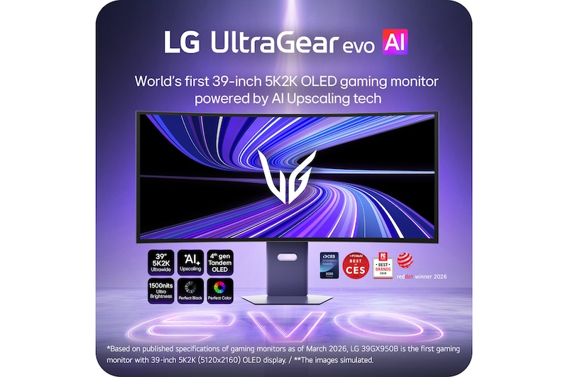 LG UltraGear evo AI 39GX950B 39-inch 5K2K curved OLED gaming monitor on a sleek stand, displaying dynamic purple light trails, with highlights of AI upscaling, ultra-wide display, and high brightness.