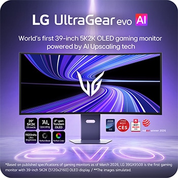 LG UltraGear evo AI 39GX950B 39-inch 5K2K curved OLED gaming monitor on a sleek stand, displaying dynamic purple light trails, with highlights of AI upscaling, ultra-wide display, and high brightness.