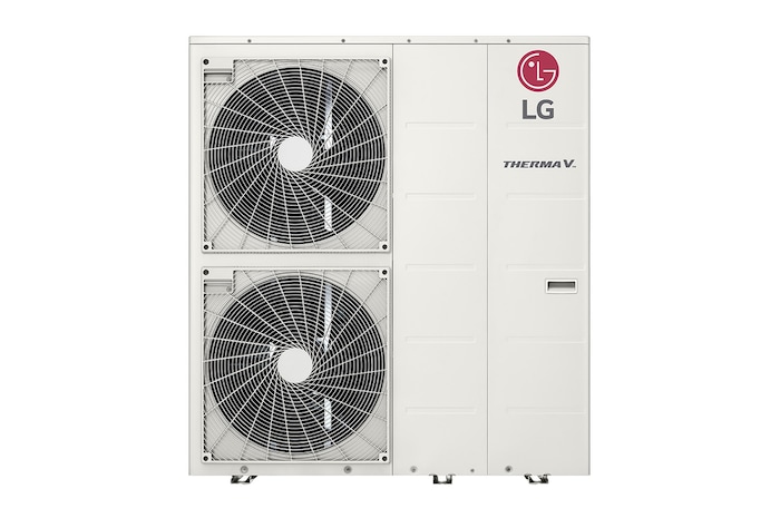 Front view of white rectangular LG R32 Monobloc S with two round fans in vertical direction and upper right LG logo.