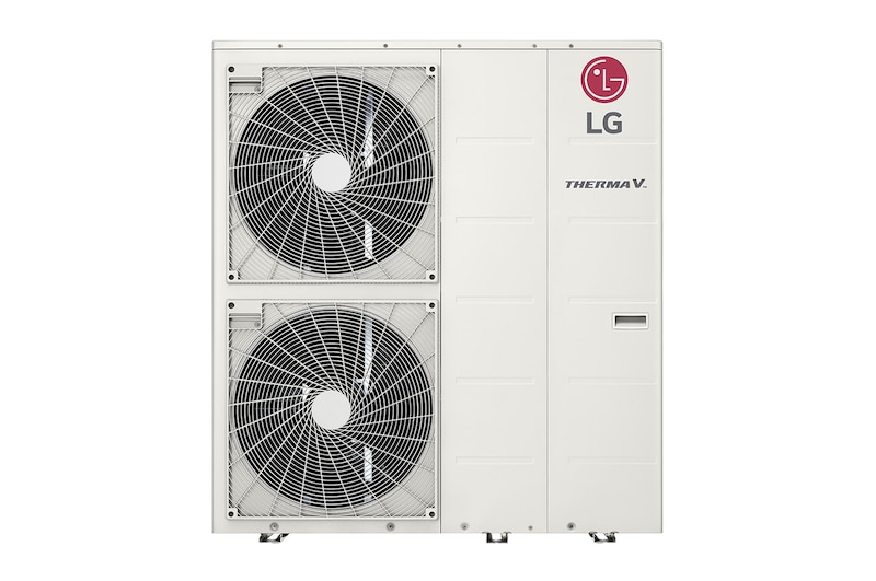 Front view of white rectangular LG R32 Monobloc S with two round fans in vertical direction and upper right LG logo.