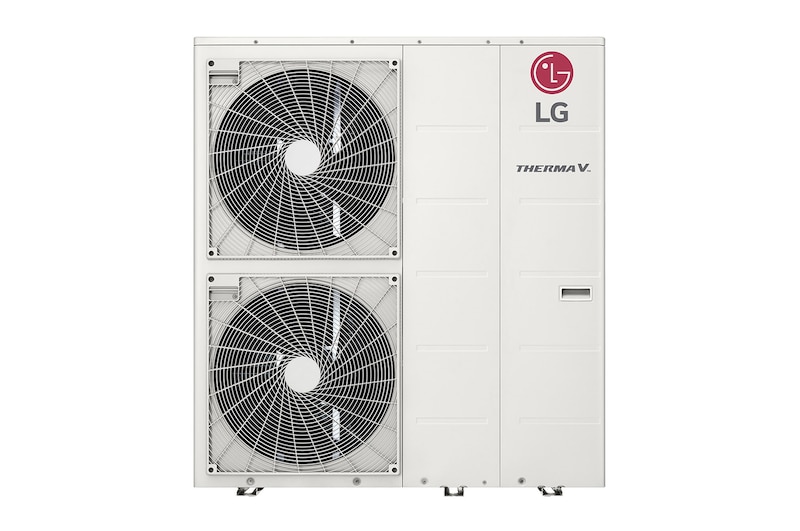 Front view of white rectangular LG R32 Monobloc S with two round fans in vertical direction and upper right LG logo.